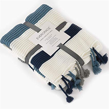 EverGrace Knitted Throw Blanket Striped Bedding Blanket 100% Acrylic Throw with Handmade Tassels for Sofa or Couch Home Décor W50 x L60 (Blue)