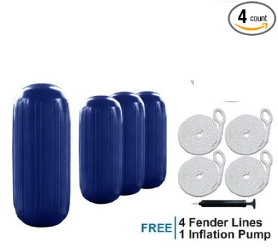 4 Boat Fenders 8" X 20" Vinyl Ribbed Bumper Dock Shield Protection Blue Includes (4) 7' Long Fender Lines & Pump to Inflate