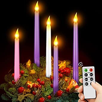 5 Pcs LED Flameless Advent Candle Set Christmas Advent Candles with Remote Christmas Advent Seasonal Celebration Candles Purple Pink White Taper Candles for Church Advent Wreath (Simple with Remote)