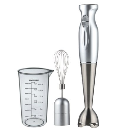 Ovente HS583S Robust Stainless Steel Immersion Hand Blender with Beaker and Whisk Attachment, Silver