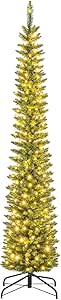 Goplus 7ft Pre-Lit Pencil Christmas Tree, Artificial Slim Xmas Tree with 200 Warm-White LED Lights, 499 Branch Tips, Foldable Metal Stand, for Home Office Indoor Holiday Decor