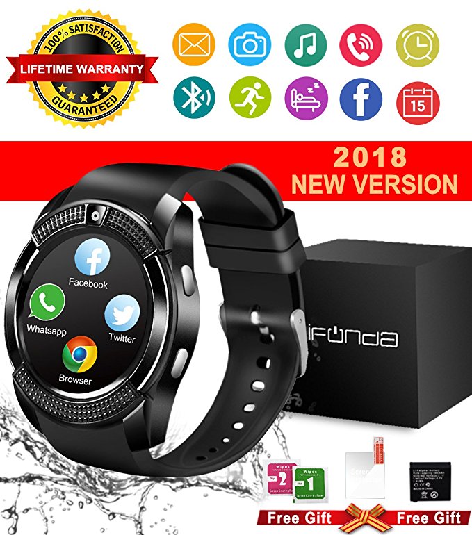 Bluetooth Smart Watch With Camera Touch Screen Smartwatch Unlocked Watch Cell Phone With Sim Card Slot Smart Wrist Watch Pedometer Fitness Tracker For Android Phones Samsung IOS Iphone 7 Plus 6S Iphone 8 Men Women Kids … (V8-Black)