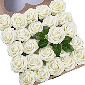 Umiss Roses Artificial Flowers Fake Flowers Wedding Decorations Set 50pcs Artificial Flora DIY Wedding Home Office Party Hotel Restaurant Patio Yard Decoration (Ivory)