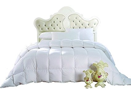 Luxury Light Hypo-Allergenic KING WHITE DOWN Comforter, Four Season Down Comforter with Combed-Cotton-Striped-Shell 300TC - 600 Fill Power