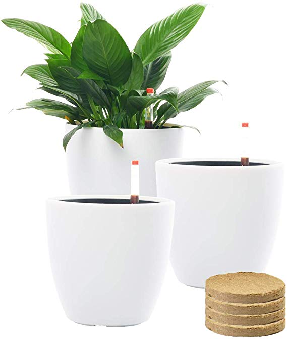 7'' Self Watering Planter Pots with Coco Soil for Home Garden Outdoor Indoor Office Modern Decorative Flower Pots for All House Plants Flowers Herbs Succulents (White)