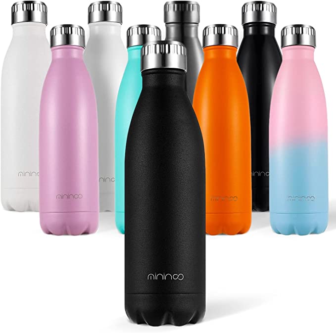 mininoo Stainless Steel Water Bottle, Double Walled Vacuum Insulated, BPA Free Metal Water Flask, Keep 12 Hours Hot & 24 Hours of Cold Drinks, Leakproof Sports Flask, Black (Frosted), 500ml