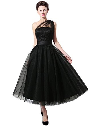 Clearbridal Women's Black Tulle Short Prom Dress Tea Length One Shoulder Prom Gown SD337