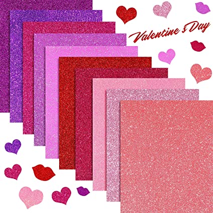 10 Sheets Valentine's Day Glitter Heat Transfer Vinyl Iron on Vinyl Shiny HTV Vinyl Bundles for DIY Craft Fabric, T-Shirts, Hats, Clothing Supplies, 12 x 10 inch