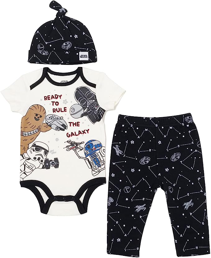 STAR WARS Millennium Falcon Chewbacca Darth Vader Baby 3 Piece Outfit Set: Cuddly Bodysuit Pants Hat Newborn to Infant