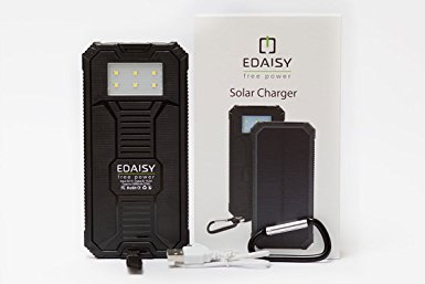 Solar Battery Charger By EDAISY- Portable Solar Cell Phone Power Bank- 12000mAh External Backup Battery- Dual USB Solar Panel Charger: LED Light, Carabiner Outdoor Emergency Travel Charger