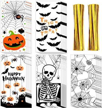 150 Pieces Halloween Candy Cellophane Treat Bags Halloween Print Bags Wrappers Pumpkin Skeleton Spider Trick-or-Treat Cello Bag with 200 Pieces Twist Ties for Children's Party Presents