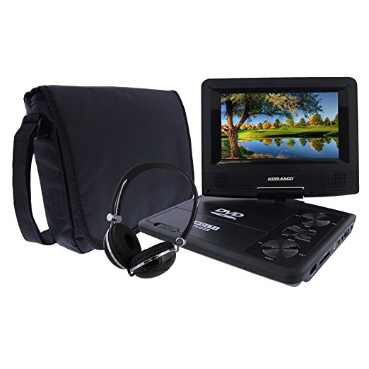 KORAMZI 7 inch Portable DVD Player with Rechargeable Battery, SD Card Slot and USB Port Swivel and Fold Portable DVD/CD/MP3 Player with Matching Color Headphones AC/DC Adapter (Black)- PDVD777