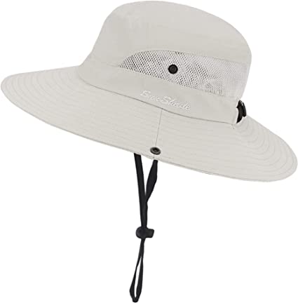Womens Summer Sun-Hat Outdoor UV Protection Fishing Hat Wide Brim Foldable-Beach-Bucket-Hat with Ponytail-Hole