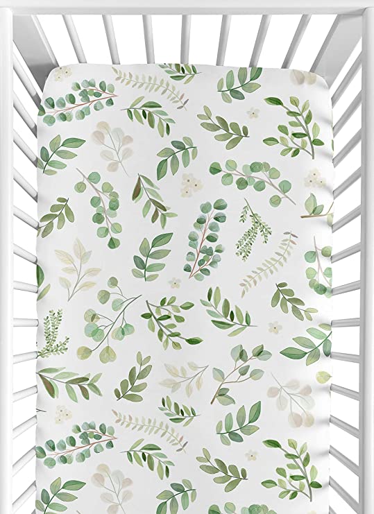 Sweet Jojo Designs Floral Leaf Boy or Girl Cotton Fitted Crib Sheet Baby or Toddler Bed Nursery - Green and White Boho Watercolor Botanical Woodland Tropical Garden 100% Cotton