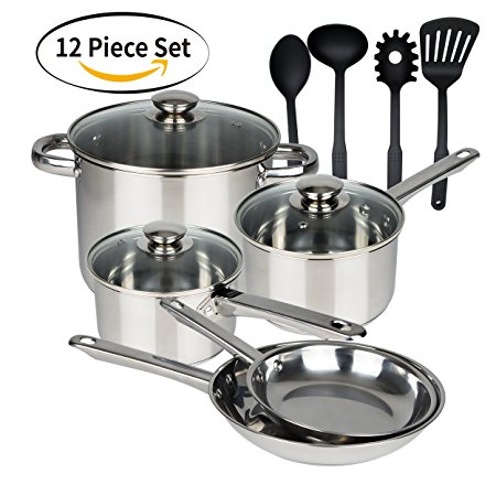 Stainless Steel Cookware Set - 12 Piece with Utensils, Cookware Set of 12, AIDEA