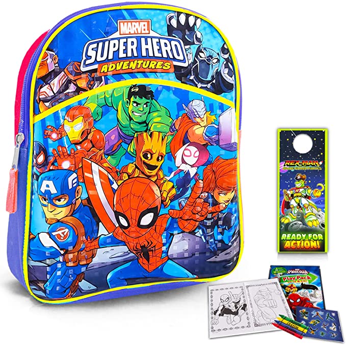 Marvel Super Hero Adventures Mini Backpack -- 3 Pc Bundle With 11" Avengers Superhero School Bag For Boys, Kids, Spiderman Coloring Pack And More | Marvel School Supplies