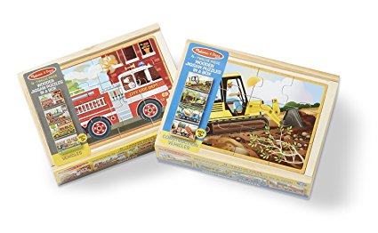 Melissa & Doug Wooden Jigsaw Puzzles Set: Vehicles and Construction