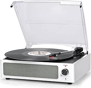 Record Player for Vinyl with Speakers Turntable for Vinyl Records Belt-Drive LP Players Support 3-Speed 3 Size, Wireless Input Playback, Headphone, AUX-in, RCA Line Out, Auto Stop New Sleek White