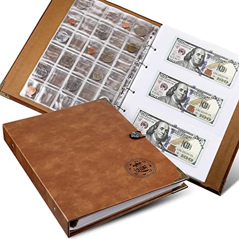 Coin Collecting Holder Album with 150 Coin Pockets and 240 Paper Currency Pockets, PU Leather Coins Collection Holder Penny Currency Storage Book