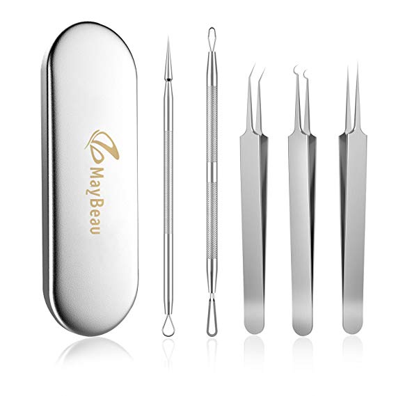 MayBeau Blackhead Remover Tool Kit Comedone Pimple Extractor Acne Blackhead Tweezer for Skin Care (5Pcs)