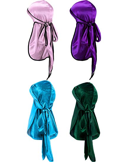 Tatuo 2 Pieces Velvet Durag and 2 Pieces Silky Soft Durag Cap Headwraps with Long Tail and Wide Straps for 360 Waves