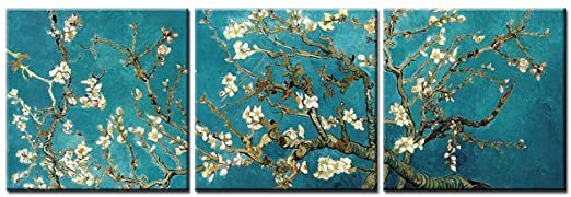 Canvas Print Wall Art Painting For Home Decor,Vincent Van Gogh'S Painting Branches Of An Almond Tree In Blossom, 1890--The Van Gogh Classic Arts Reproduction 3 Pieces Panel Paintings Modern Giclee Stretched And Framed Artwork The Picture For Living Room Decoration,Famous Pictures Photo Prints On Canvas