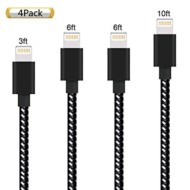iPhone Cable SGIN, 4Pack 3FT 6FT 6FT 10FT Nylon Braided Cord Lightning Cable Certified to USB Charging Charger for iPhone 7,7 Plus,6S,6,SE,5S,5,iPad,iPod Nano 7 - BlackWhite
