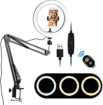 Ring Light Table Mount, Docooler 10inch Dimmable Streaming Selfie Ring Light With Boom Stand and Phone Holder Remote for TikTok Youtube Vlogging Video Photo Makeup Streaming Equipment