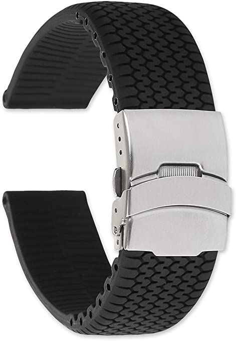 deBeer Tire Track Black Silicone Rubber Divers Watch Band/Watch Strap with Deployment Clasp - Sizes: 20mm, 22mm, or 24mm