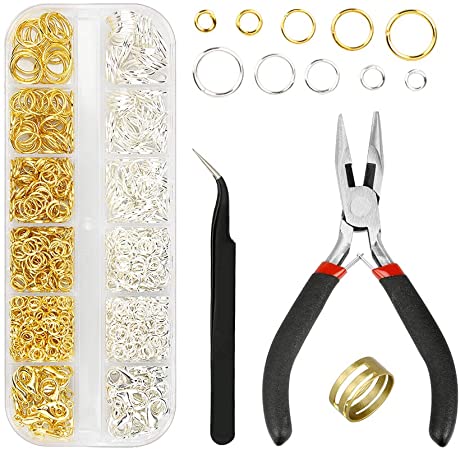 Kingsdun Jewelry Making Tools with Jewelry Findings,Needle Nose Plier, Jump Ring Opener and Tweezer,Repair Kit with 1160pcs Open Jump Rings & 40pcs Lobster Clasps in Assorted Size Gold and Silver