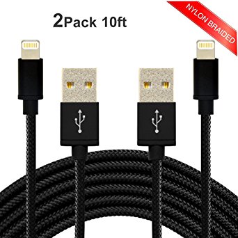 2Pack 10Ft Nylon Braided 8Pin iPhone Lightning to USB Charging Cable Fast Charger Cord with Aluminum Connector for iPhone 5/5s/5c/6/6s Plus/SE, iPad mini/Air/Pro iPod touch. (2pack 10ft black)