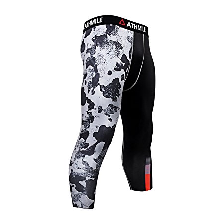 Athmile Mens Compression Leggings Pants,Baselayer Running Tights, 3/4 Cool Dry Sports Capri Pants,Camouflage, Black