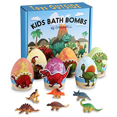 Organic Kids’ Bath Bombs and Toys, 6 x 5oz XXL Natural Bath Bombs Dinosaur-Egg Shaped, Handmade Gift Set Safe Bath Fizz Balls