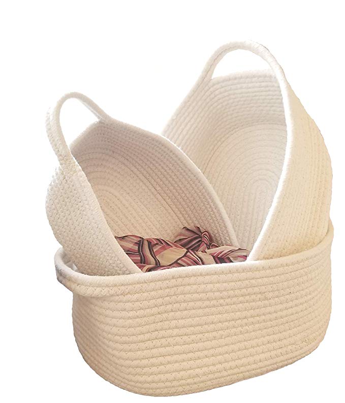 REM Concepts Woven Baskets, Cotton Rope Organizers and Storage Baskets with Handles - Set of 3 in S-M-L Sizes – Tidy Up Any Area – Neutral Color – Fits Any Home Decor!