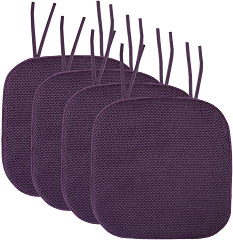 Sweet Home Collection Chair Cushion Memory Foam Pads with Ties Honeycomb Pattern Slip Non Skid Rubber Back Rounded Square 16" x 16" Seat Cover, 4 Pack, Eggplant Purple