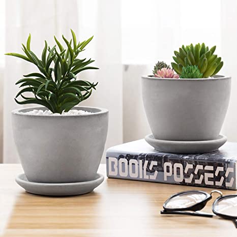 MyGift 5-Inch Round Grey Concrete Planter/Flower Pots with Saucer, Set of 2