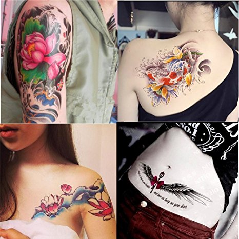 Dalin 4 Sheets Fashion Temporary Tattoos, Lotus, Koi Fish, Wings, Sexy Lady