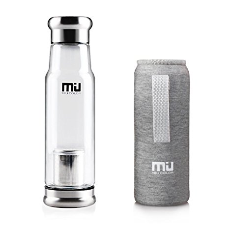 MIU COLOR® 550ml Borosilicate Glass Water Bottle,ECO-Friendly Portable Handmade Water Bottle,Stainless Steel Cap with Nylon Sleeve BPA-Free Drinking Bottle