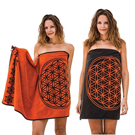 Best Bath Towel on SALE !!! , Flower of Life in Orange and Gray ( Jacquard woven , 52"x27" , Made in Turkey , 100% Cotton) - by Mandala Life ART