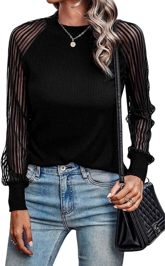 Dokotoo Womens Fall Crewneck Mesh Lace Long Sleeve Ribbed Knit Sweater Solid Color Pullover Tops