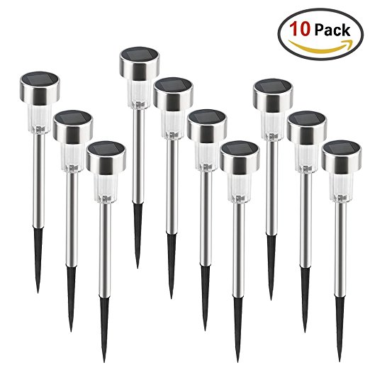 BASEIN Solar Powered Lights Outdoor, Landscape/Pathway Lights Stainless Steel Waterproof Solar Lights for Patio, Lawn, Yard, Walkway - 10 Pack