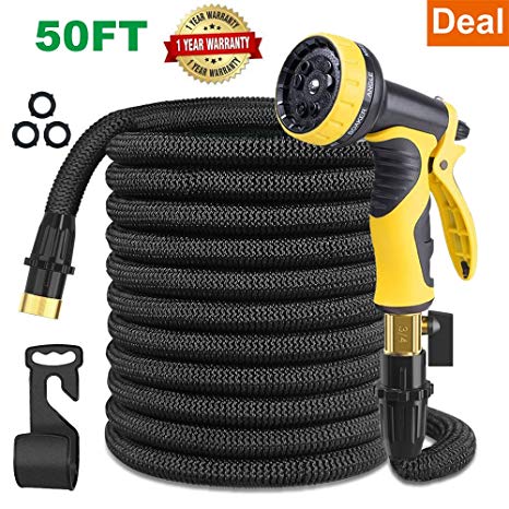 Cusomik Expandable Garden Hose, 50ft Strongest Expandable Water Hose, 9 Functions Sprayer with Double Latex Core, 3/4" Solid Brass Fittings, Extra Strength Fabric Lightweight Flexible Water Pipe