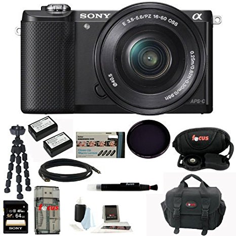 Sony ILCE5000LB ILCE-5000LB ILCE/500LB Alpha A5000 Mirrorless Digital Camera with 16-50mm Lens (Black)   Sony Class 10 64GB Memory Card   Focus Deluxe SLR Soft Shell Camera Gadget Bag   (2) Wasabi Power Battery for Sony NP-FW50   Accessory Kit