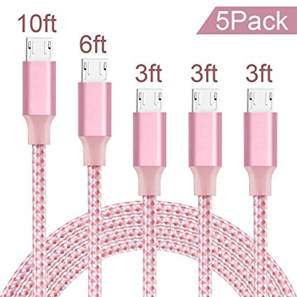 Vanzon Micro USB Cable,5Pack 3FT/3FT/3FT/6FT/10FT Long Premium Nylon Braided Android Charger USB to Micro USB Charging Cable Samsung Charger Cord for Samsung Galaxy S7 Edge/S7/S6,Note 5/4/3(PinkWhite)