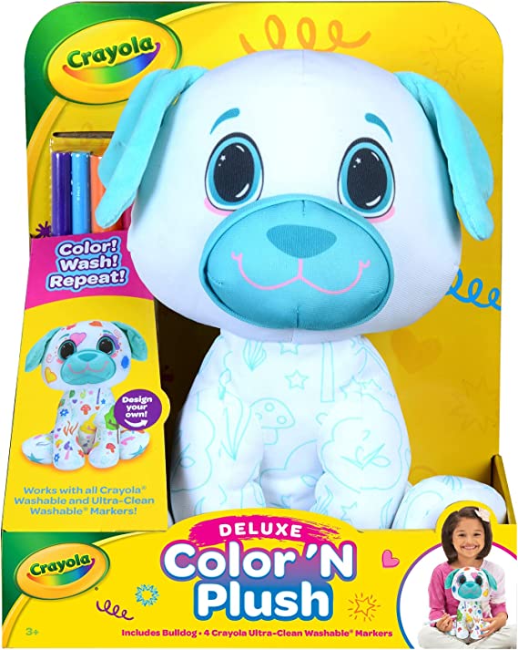 Crayola Deluxe Color ‘N Plush 10-Inch Bulldog - Draw, Wash, Reuse - 2 Broad and 2 Fine Ultra-Clean Washable Markers - Washable Plush Toy for Kids