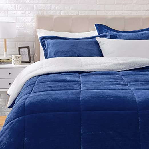 AmazonBasics Ultra-Soft Micromink Sherpa Comforter Bed Set - Full or Queen, Navy Blue