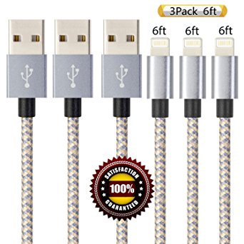 BULESK iPhone Cable 3Pack 6FT Nylon Braided Certified Lightning to USB iPhone Charger Cord for iPhone 7 Plus 6S 6 SE 5S 5C 5, iPad 2 3 4 Mini Air Pro, iPod Nano 7- (GoldGrey)