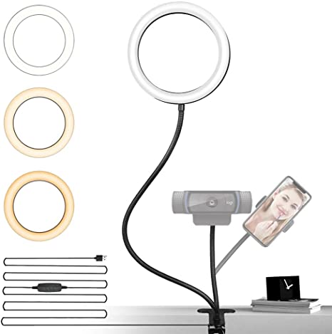 NexiGo 6 Inch LED Selfie Ring Light with Cell Phone Holder, Flexible Arms for Web Camera, 3 Dimmable Colors, 10 Brightness Levels, for Desk, Bed, Office, Makeup, YouTube, Video, Live Steaming