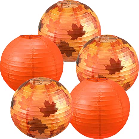 Blulu 5 Pieces Fall Party Decorations Maple Leaf Decorations Fall Round Hanging Paper Lanterns Party Lanterns for Thanksgiving Autumn Fall Birthday Party Supplies