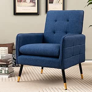 Giantex Modern Mid-Century Accent Chair - Upholstered Armchair with Tufted Back, Metal Legs, Adjustable Foot Pads, Linen Fabric Single Sofa Chair for Reading, Living Room Chair for Bedroom, Blue